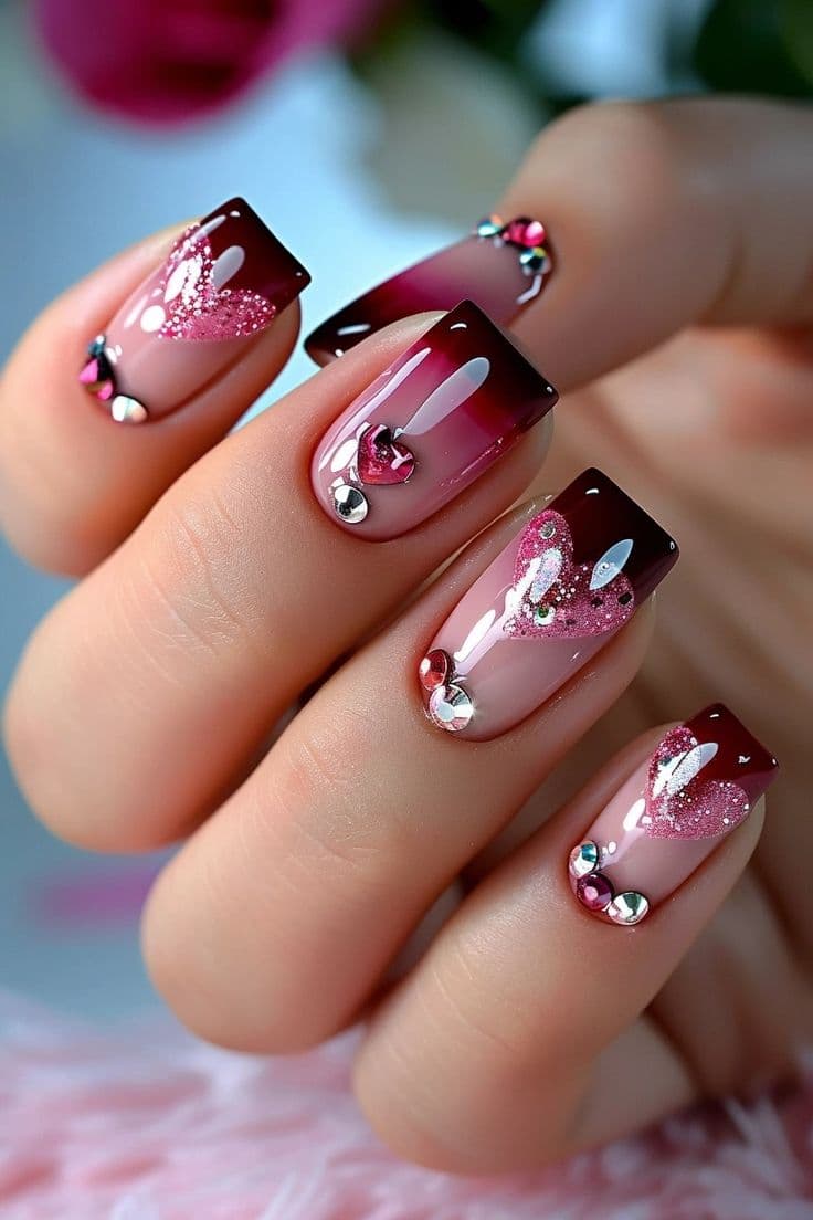Burgundy ombre nails with glitter hearts and rhinestones